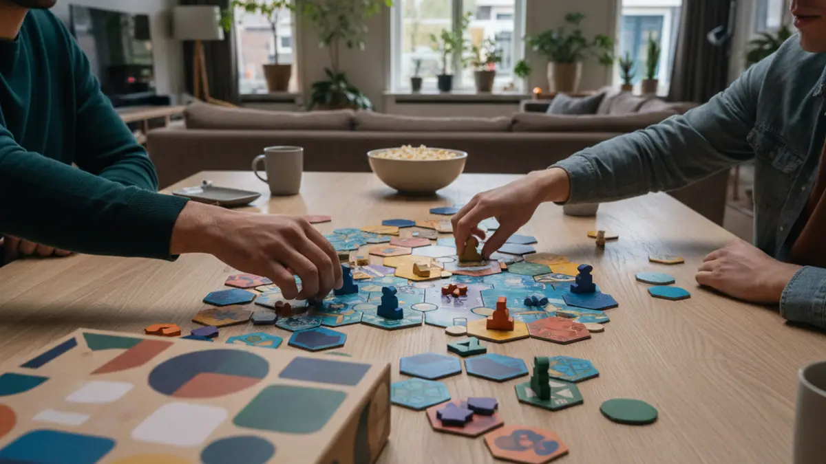 Vrienden spelen samen een modern bordspel aan een houten tafel