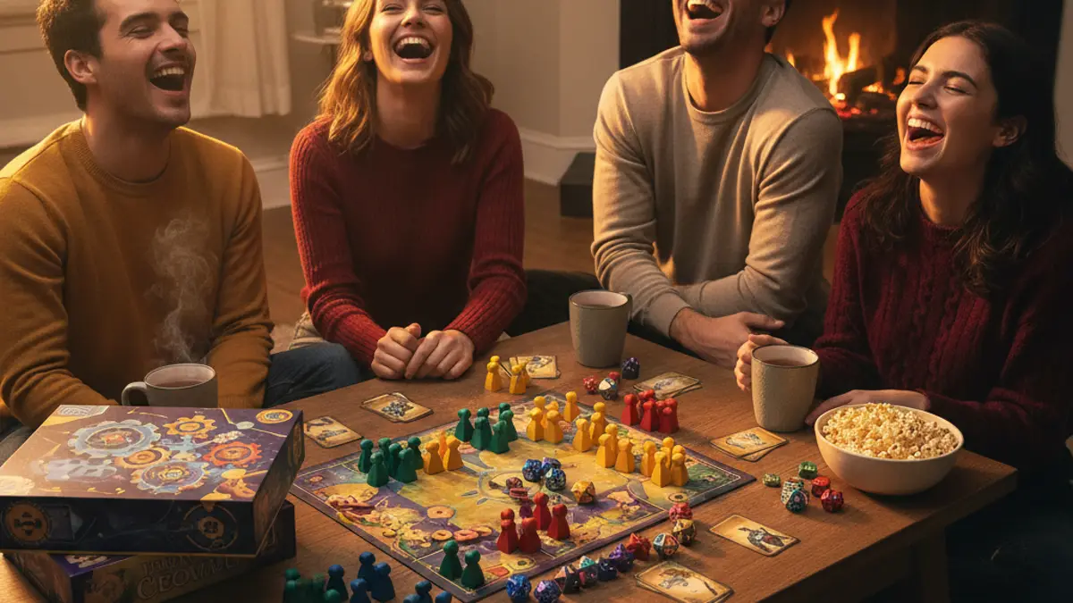 Vriendengroep rond een tafel met een modern bordspel