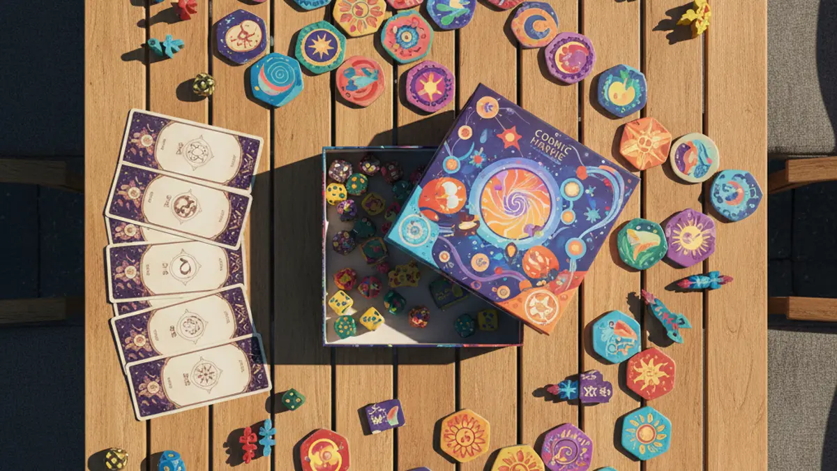 Bordspel met modulaire tegels en houten speelstukken op tafel