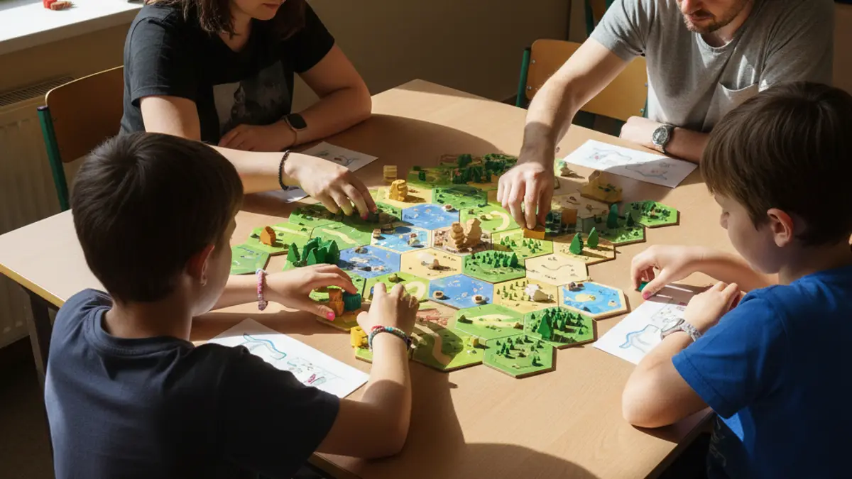 Spelmateriaal van een bordspel overzichtelijk op tafel