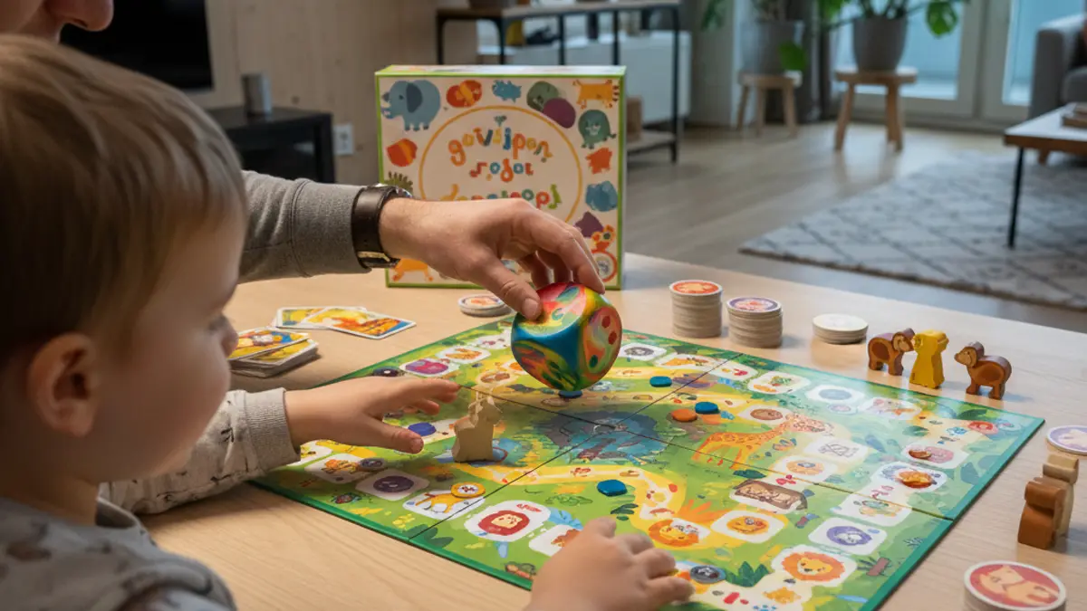 Moeder en kleuter spelen samen een kleurrijk bordspel aan tafel