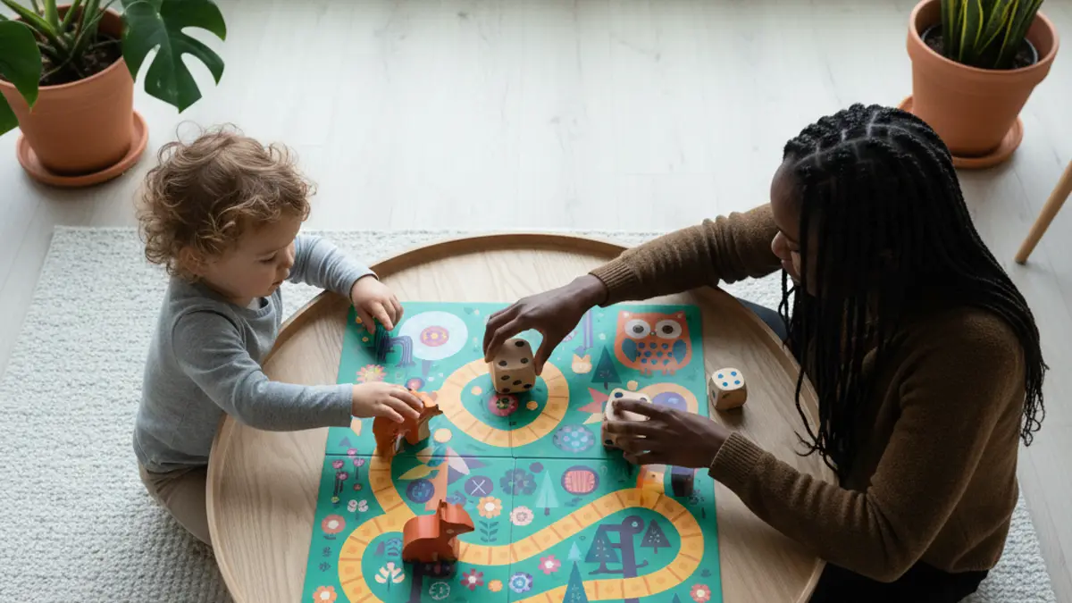 Peuter die een grote houten pion vasthoudt bij een kleurrijk bordspel