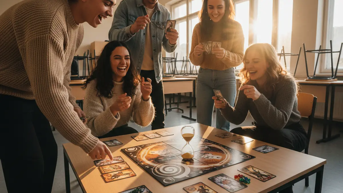 Vrienden die samen aan een tafel een spannend partyspel spelen