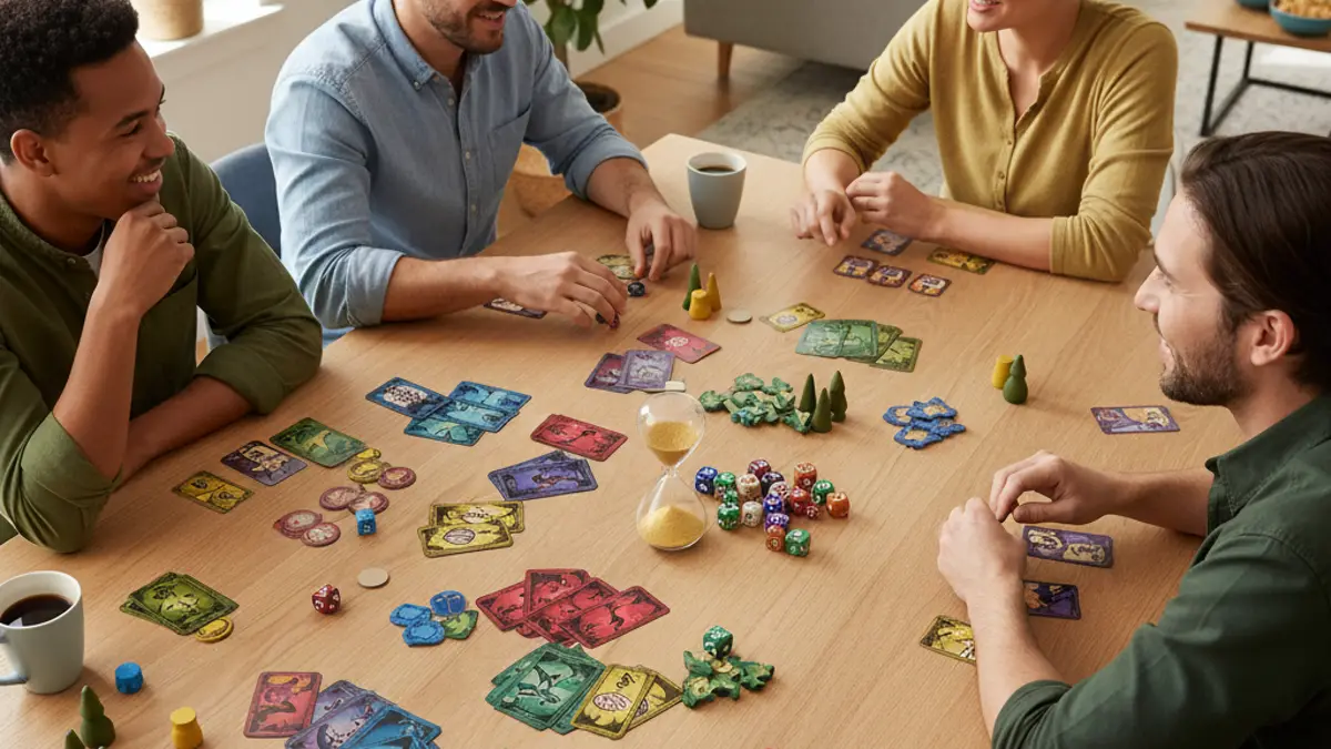 Kleurrijke speelkaarten en een zandloper op een houten speeltafel