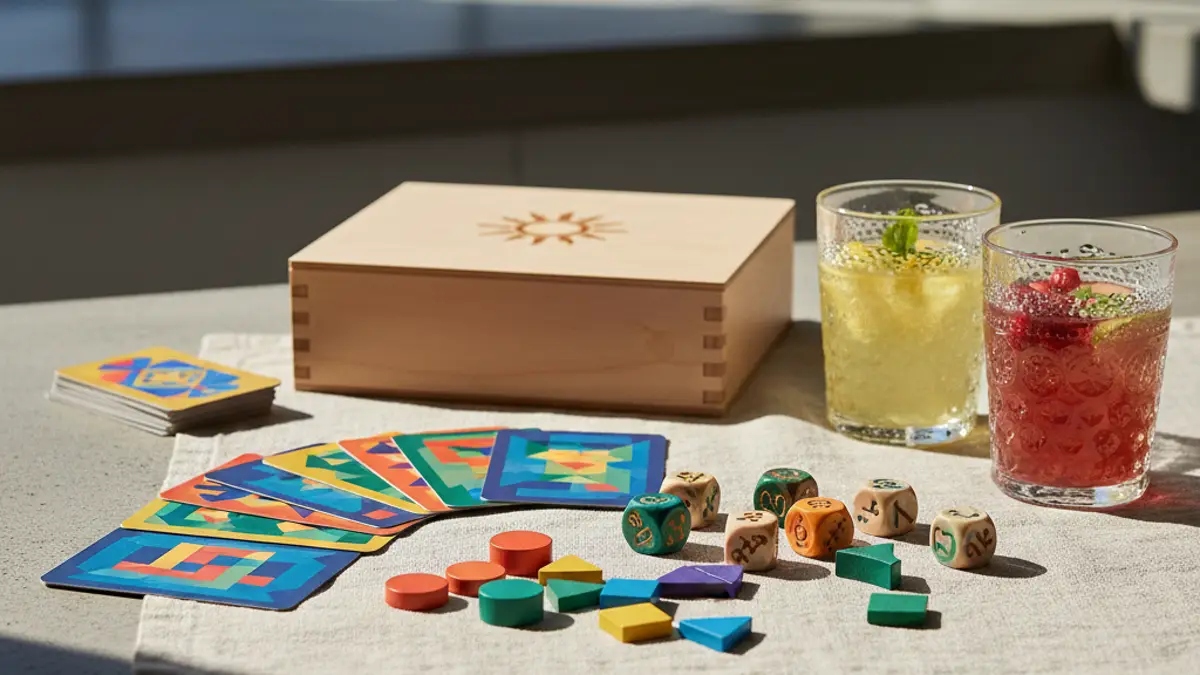Spelkaarten en dobbelstenen op tafel tijdens een borrel