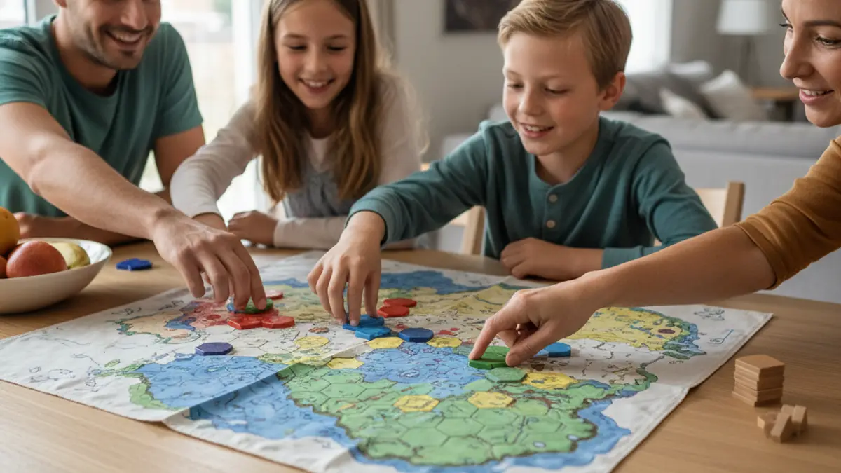 Familie speelt gezellig een bordspel aan de eettafel