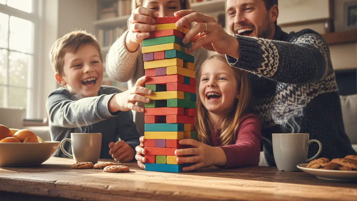 Ouders en kinderen spelen een interactief bordspel met tegels