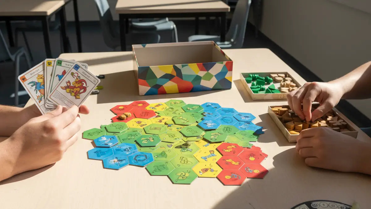 Speelkaarten en fiches van een duelspel op een houten speelveld