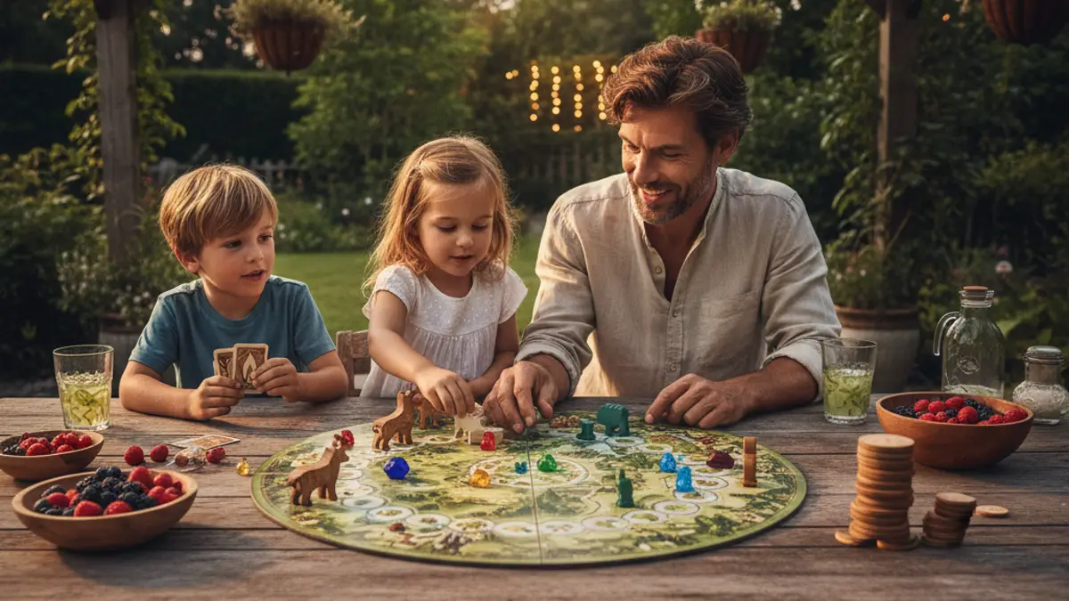 Vader en kinderen spelen samen een bordspel aan tafel