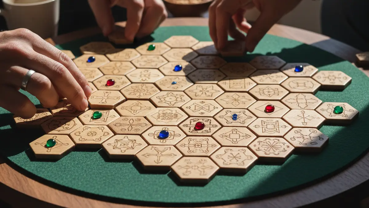 Twee personen spelen een compact bordspel op een kleine ronde salontafel