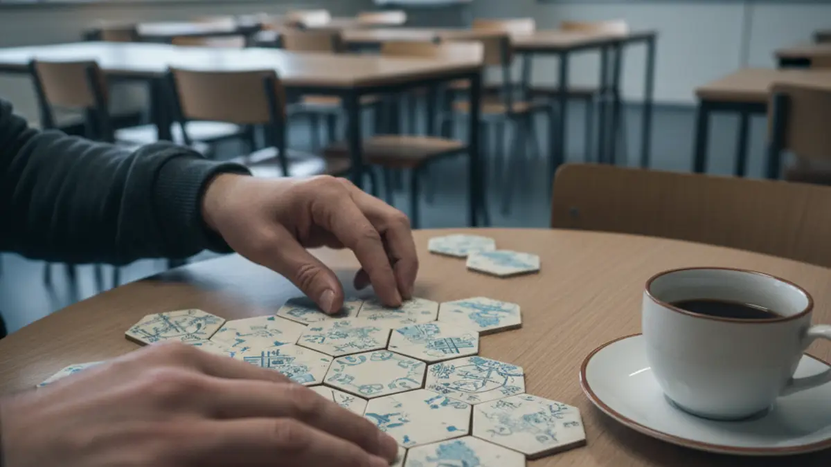 Handen die kleine zeshoekige tegels neerleggen op een houten tafeltje