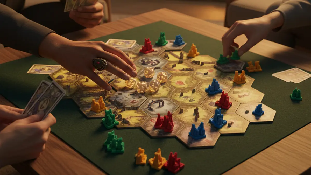 Spelers gooien dobbelstenen en leggen kaarten aan tafel