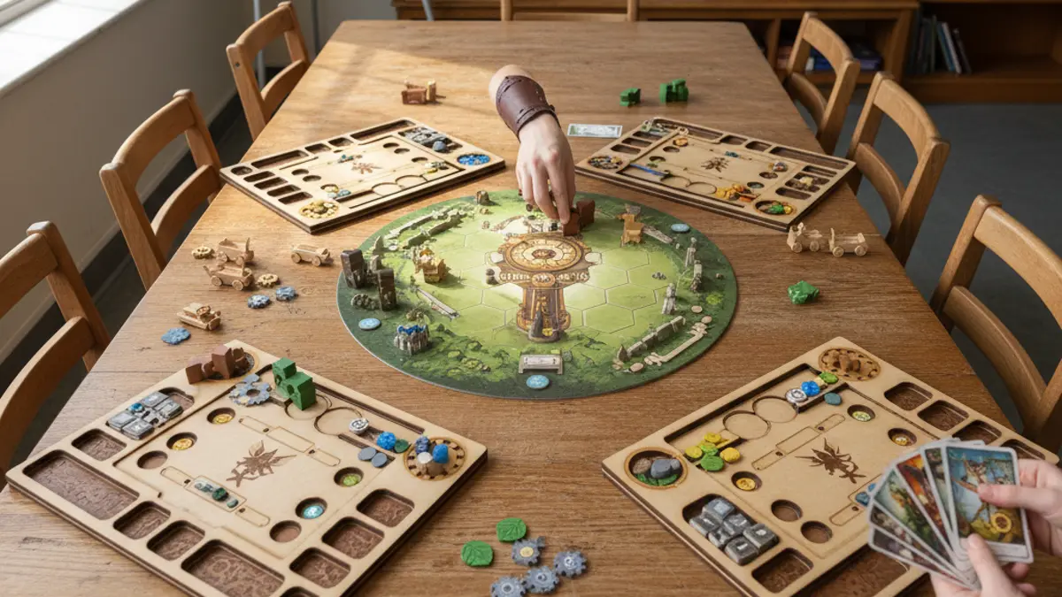 Opgezette speeltafel met strategisch bordspel en houten speelstukken