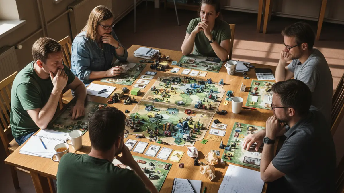 Vriendengroep gefocust aan het spelen van een avondvullend bordspel