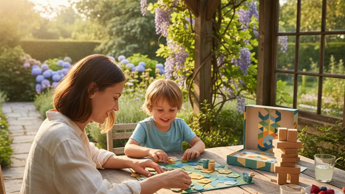 Moeder en kind spelen samen een vrolijk bordspel aan tafel