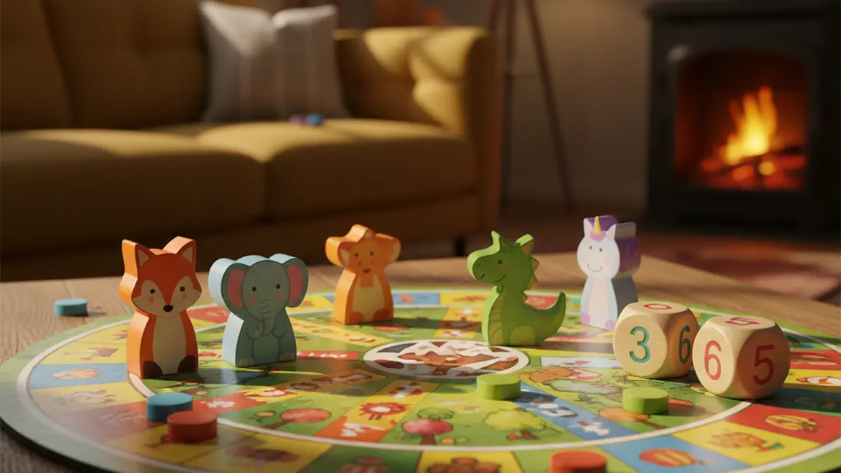 Kleurrijk kinderspel met houten speelfiguren en dobbelstenen op tafel