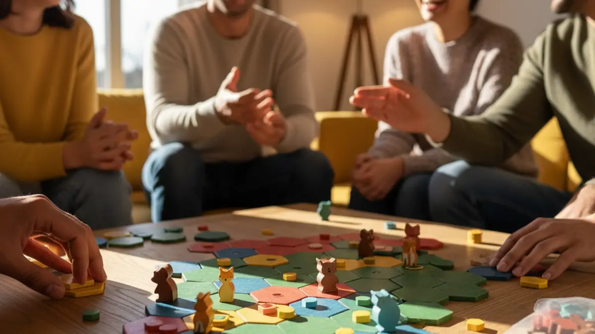 Volwassenen aan een houten tafel die een toegankelijk bordspel met houten speelstukken spelen
