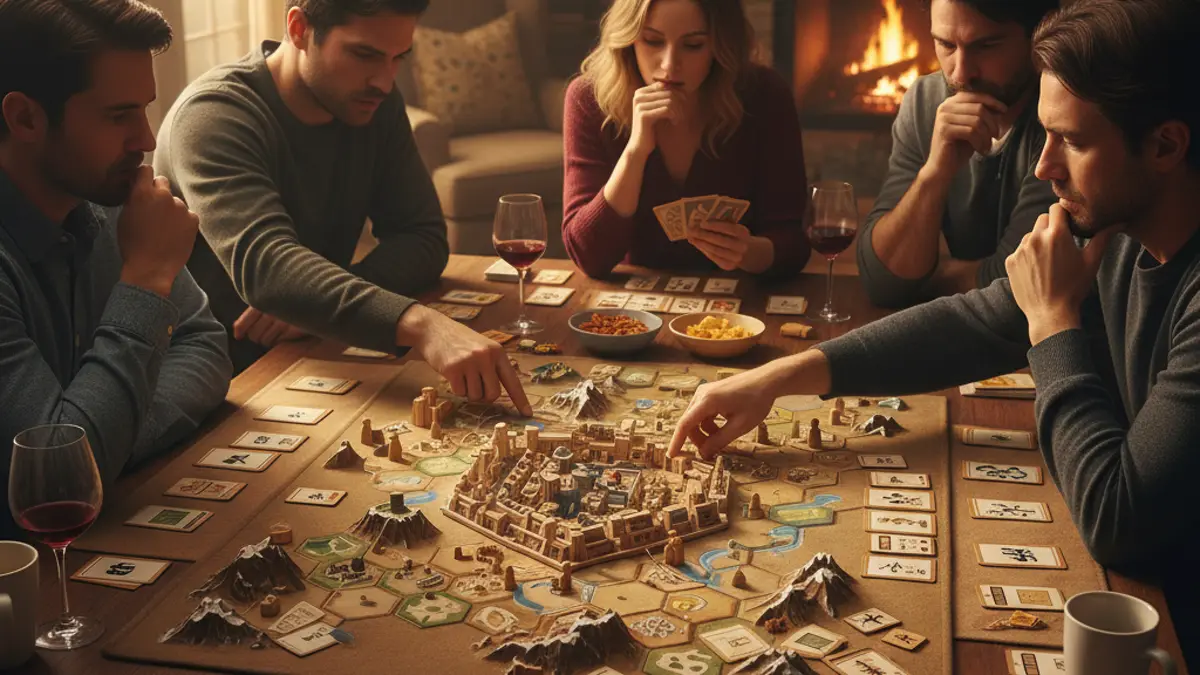 Spelers aan tafel geconcentreerd bezig met een strategisch bordspel