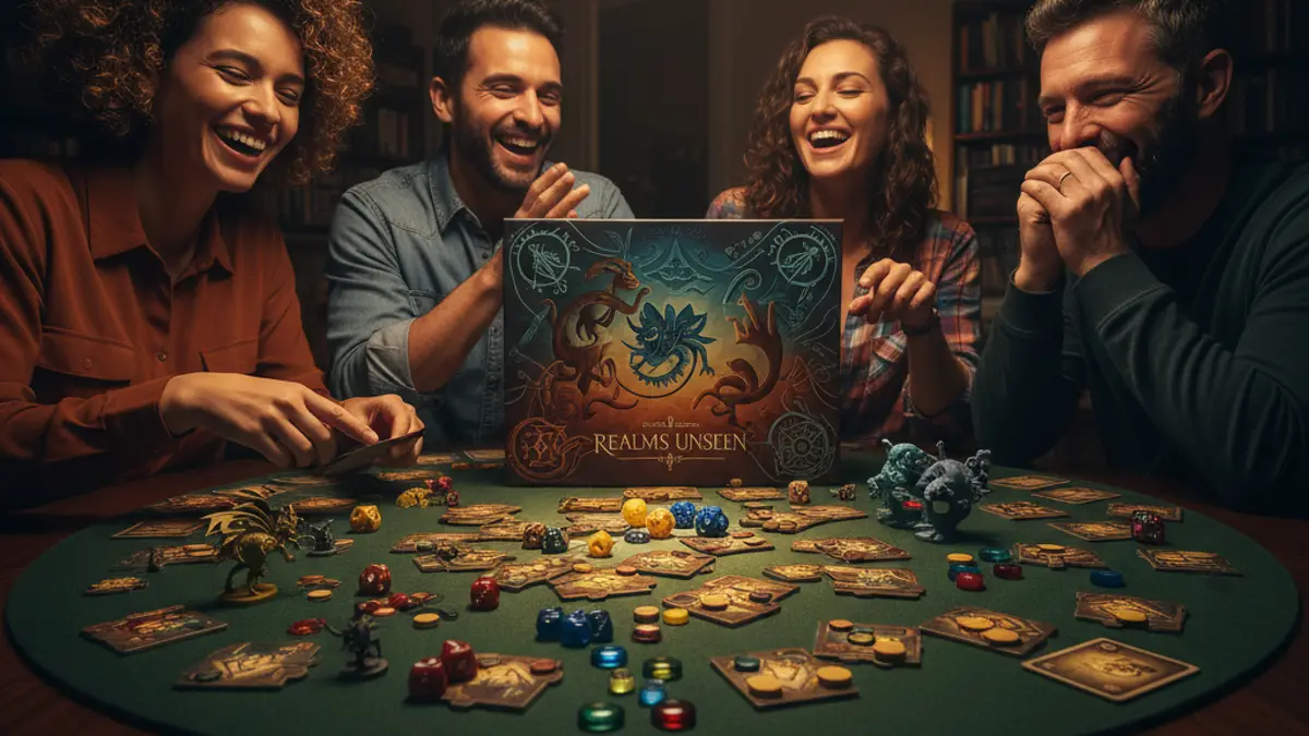 Vriendengroep speelt gezellig een bordspel aan een grote eettafel