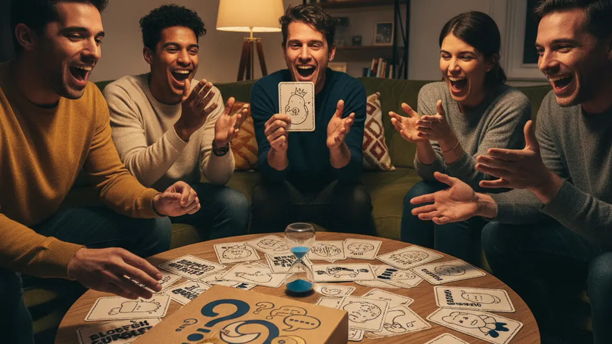 Vrienden spelen een spannend partyspel rond de tafel met een zandloper