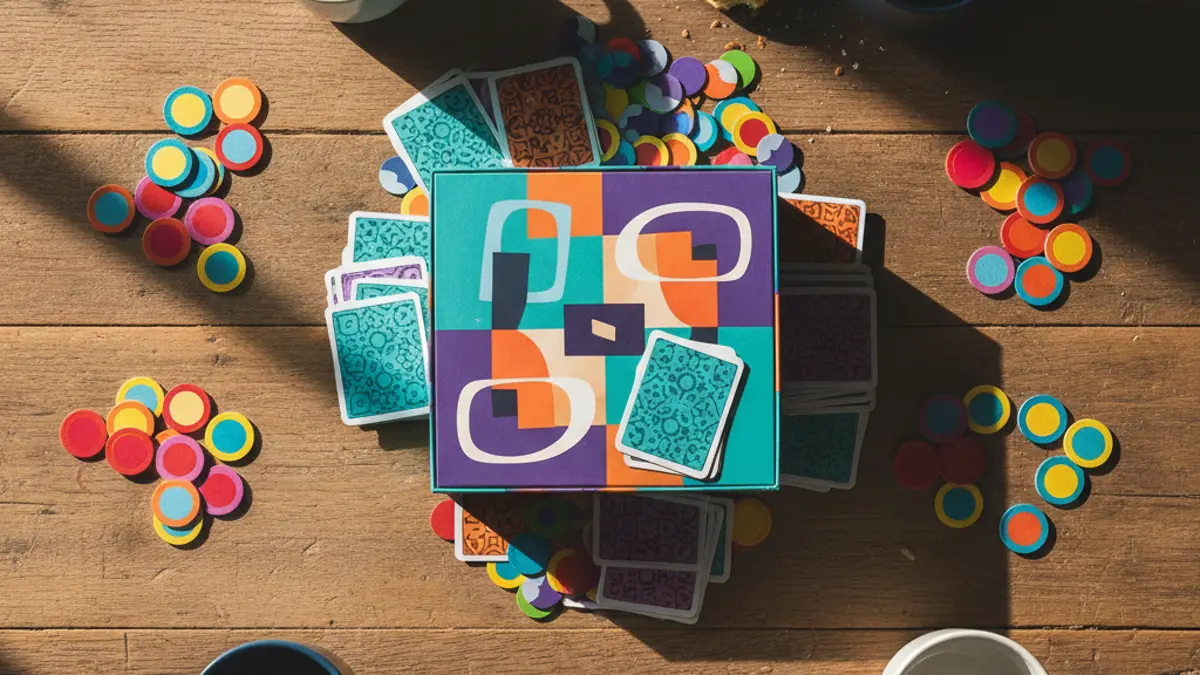 Spelmateriaal van een partyspel op tafel met zandloper en speelkaarten