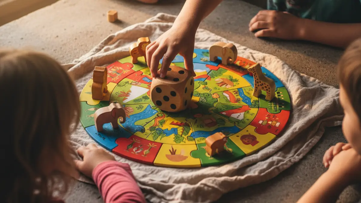 Kinderhand die een grote houten dobbelsteen rolt op een kleurrijk bordspel