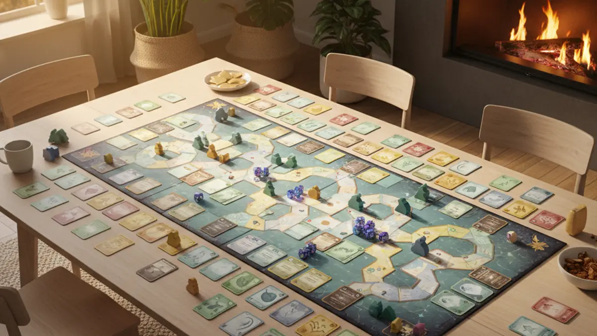 Kleurrijk speelbord met kaarten en pionnen op een houten tafel