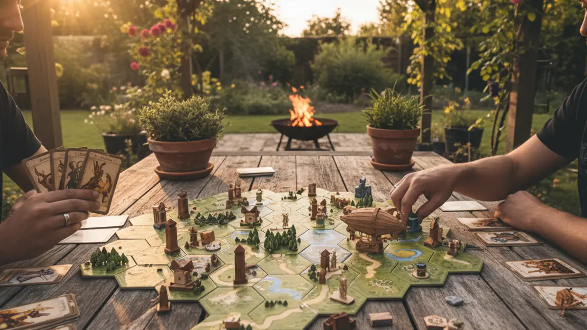 Twee spelers geconcentreerd aan tafel tijdens een strategisch bordspel