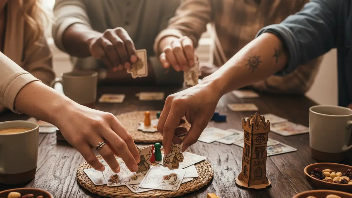 Vrienden spelen samen een gezellig bordspel aan een houten tafel