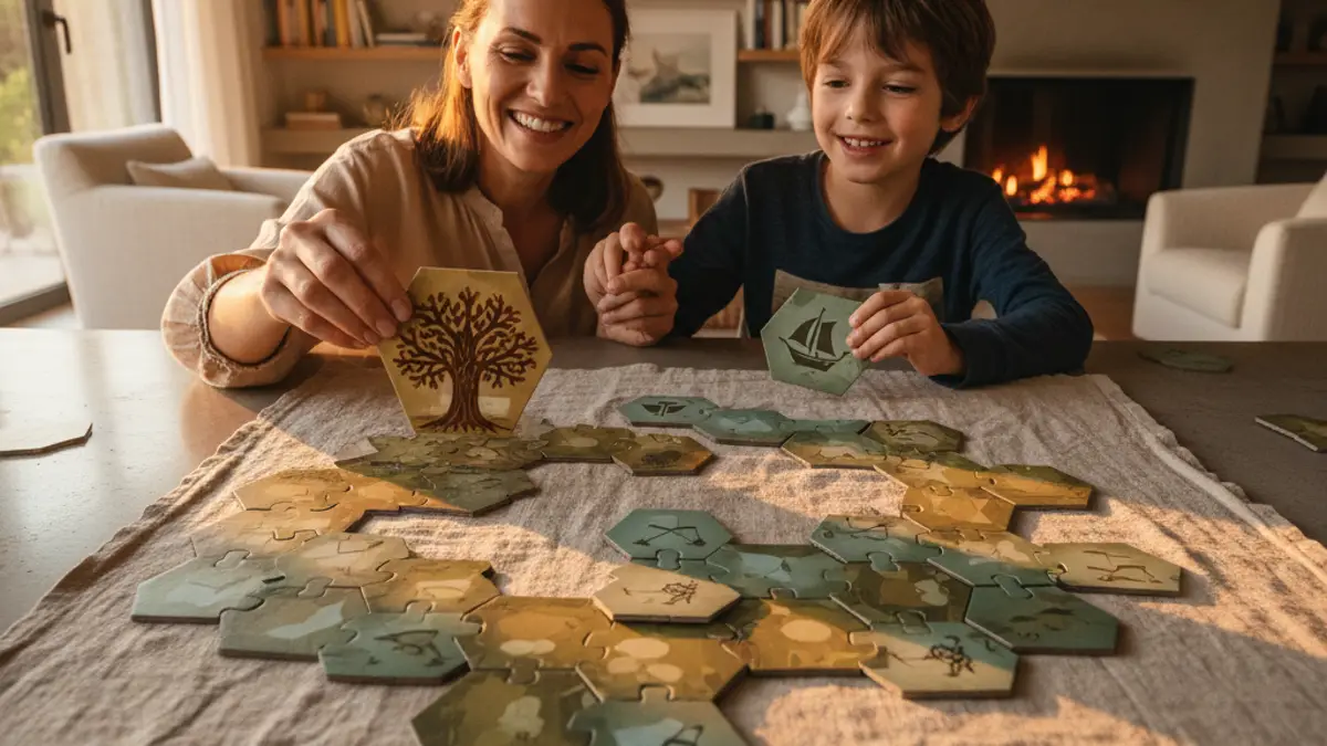 Moeder en zoon leggen samen landschaptegels aan op tafel