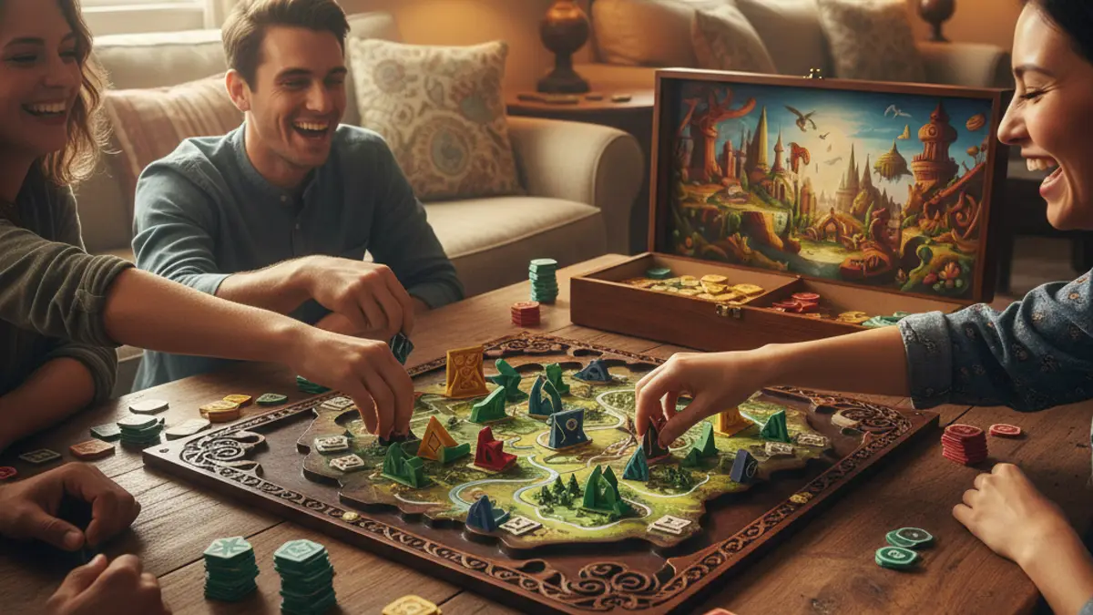 Vrienden spelen samen een gezelschapsspel aan een houten tafel