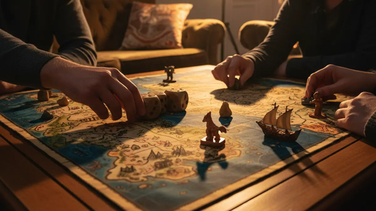 Spelers verplaatsen houten speelstukken over een kleurrijk speelbord