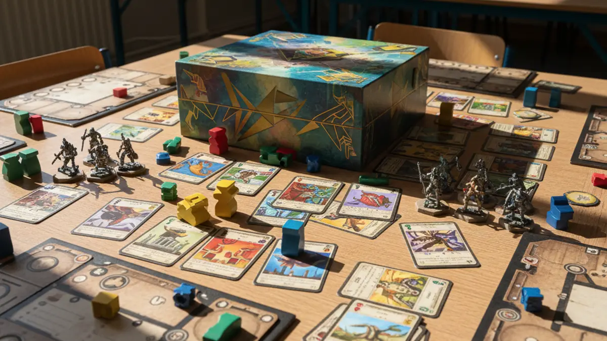 Gedetailleerd spelmateriaal en kaarten op een houten tafel
