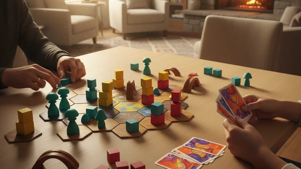 Twee personen spelen een tactisch bordspel aan een houten tafel