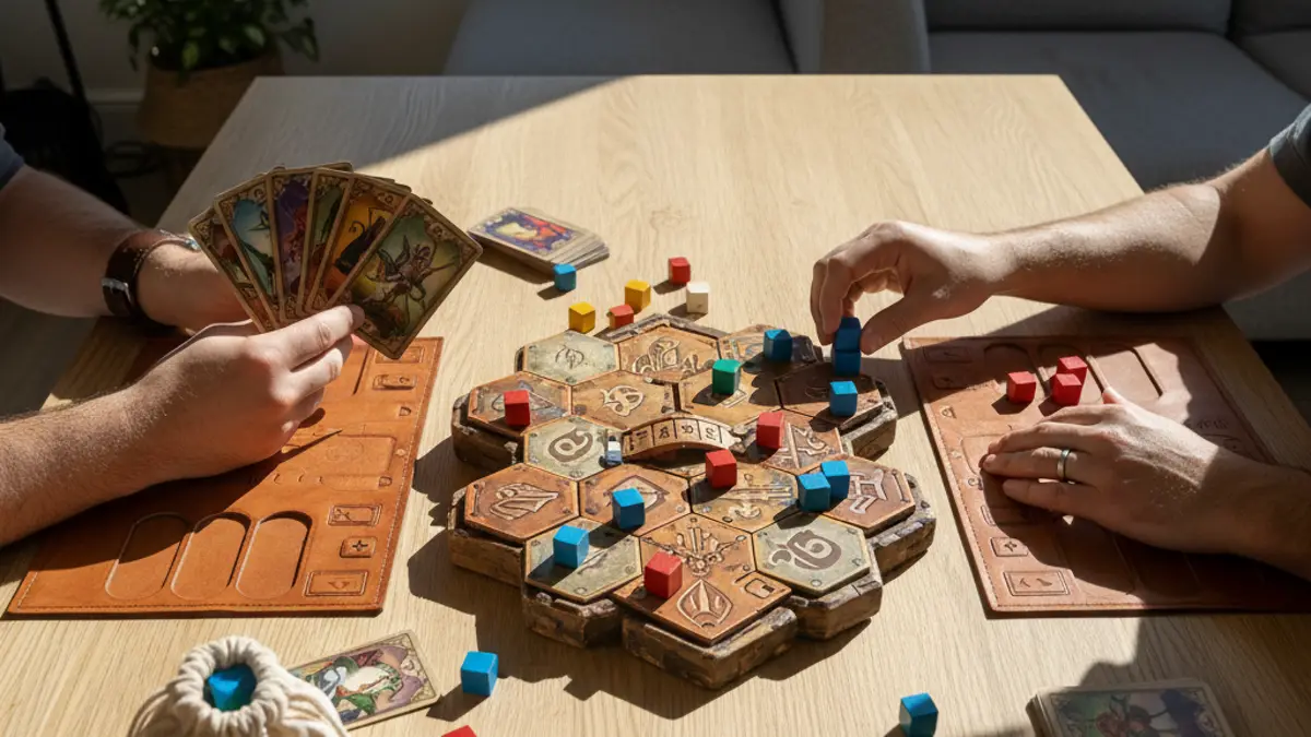 Handen van twee spelers die kaarten pakken en speelstukken verplaatsen
