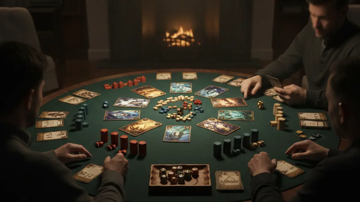 Overzichtelijk klaargezet speelmateriaal op een houten tafel voor een spelavond