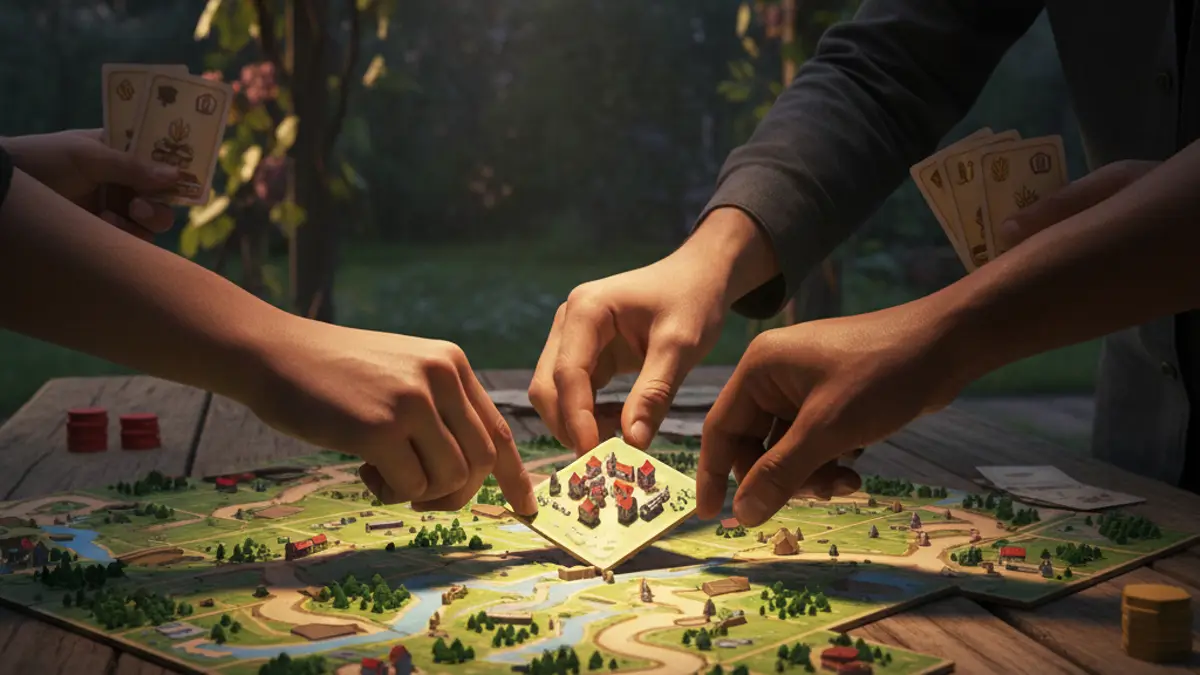 Toegankelijk bordspel op een houten tafel met houten speelfiguren en kaarten