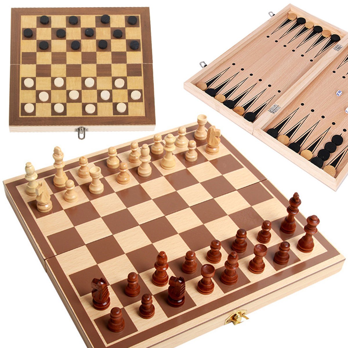 Houten 3 in 1 Schaakspel - Inklapbaar Dammen - Backgammon Set - Bordspel - Houten Spelletjes