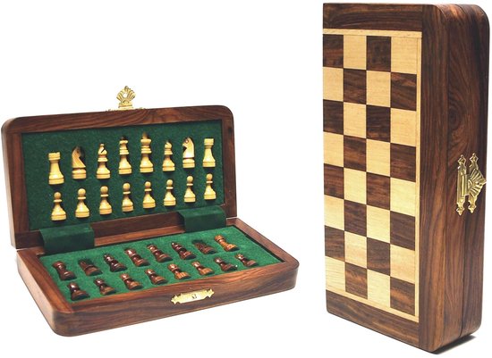 HOT Games schaakspel magnetisch ingelegd reisspel 19x9cm hout.