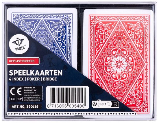 Longfield Speelkaarten – 2 Sets in Kunststof Doosje – 4 Indexen – Duurzaam Kaartspel voor Familiespel & Gezelschapsspellen – Engelhart