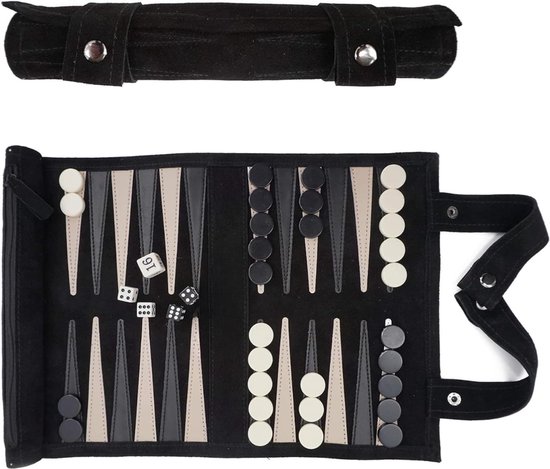 MIRA® Backgammon Koffer – Luxe Backgammon Set – Lederen Bordspel – Zwart - 26cm x 6cm x 6cm