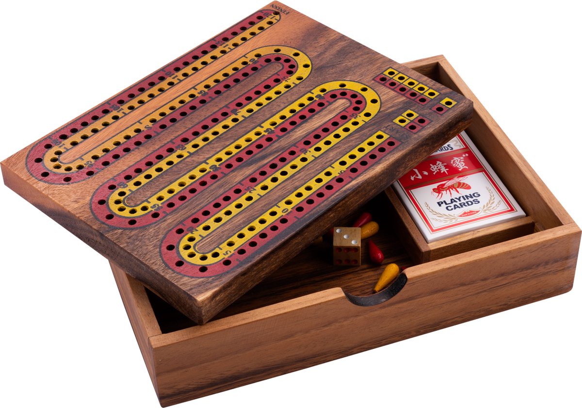 Cribbage – Houten Kaartspel met Bord – Acaciahout – 52 Kaarten & Pinnen – Klassiek Spel – Engelhart