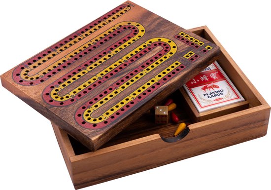 Cribbage – Houten Kaartspel met Bord – Acaciahout – 52 Kaarten & Pinnen – Klassiek Spel – Engelhart
