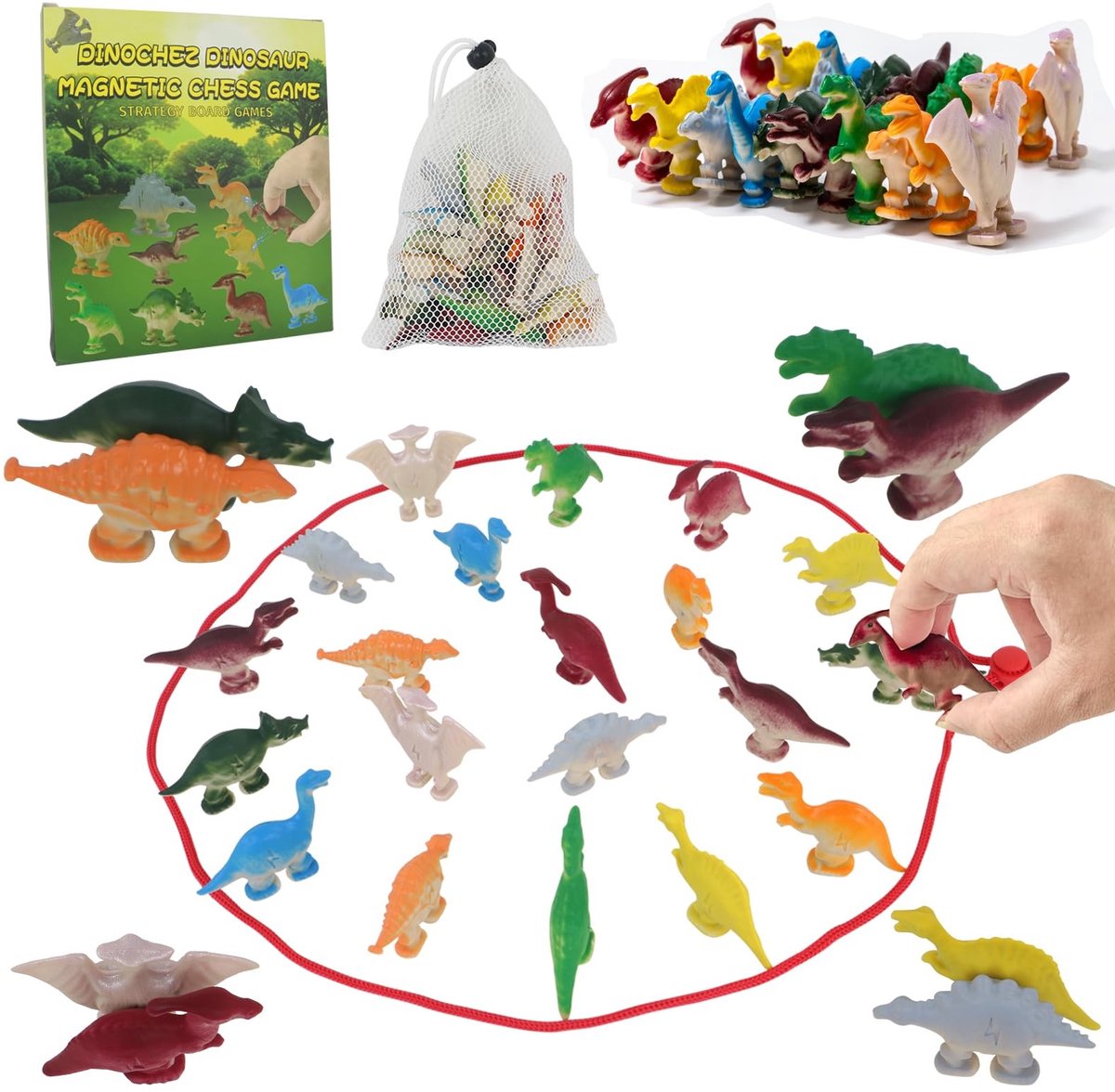 Omgoods- Dinosaurusschaakspel - Magnetisch - Draagbaar - Bordspel voor kinderen - Strategisch spel - Opbergzakje - Verstelbaar koord