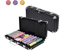 Pokerkoffer pokerset 500 chips pokerchips met 3 dealerknoppen, 5 dobbelstenen, 2 sleutels, 2 pokerdecks, 1 aluminium pokerkoffer voor partyspel Texas Hold'em Poker (zwart)