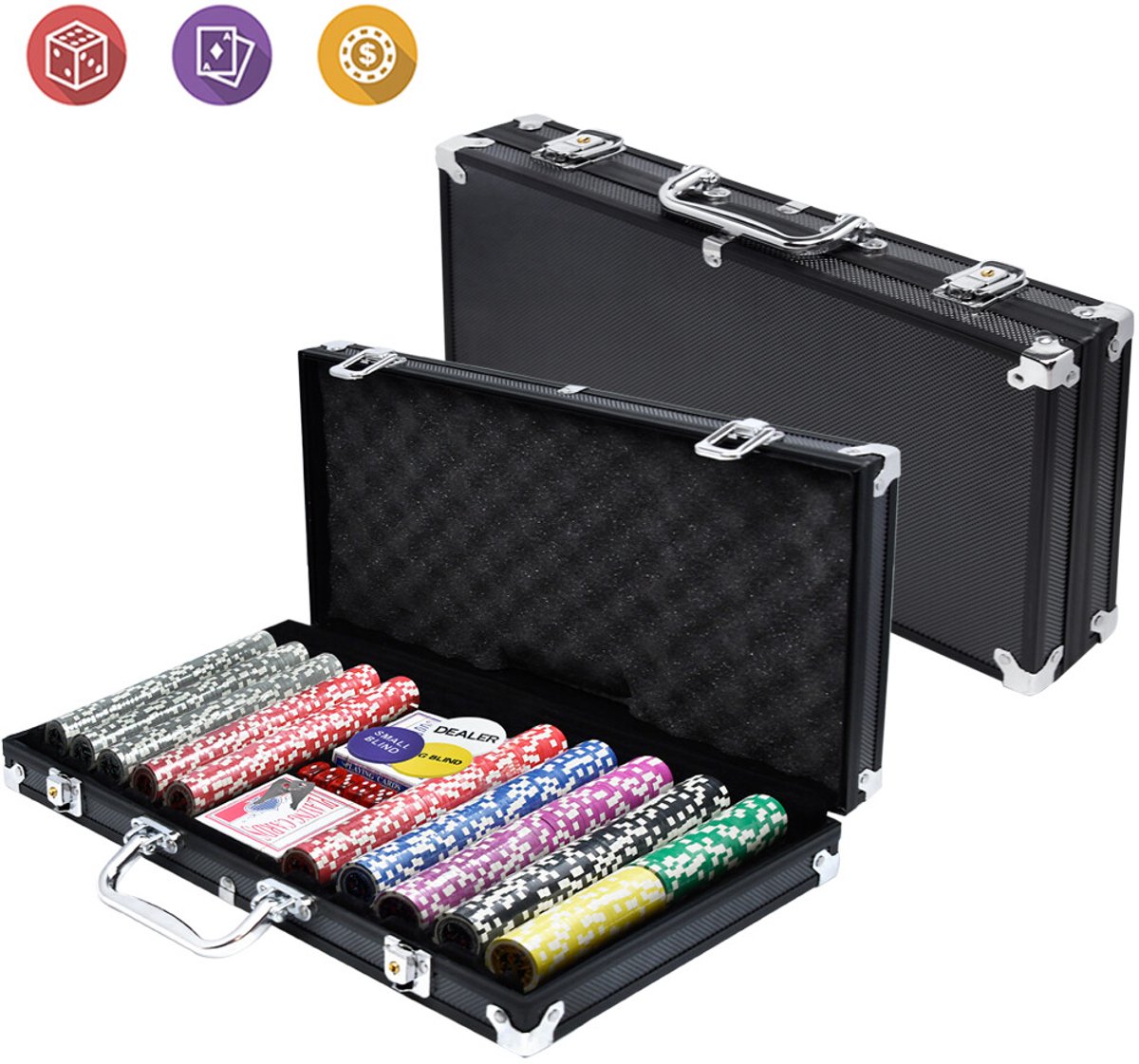 Pokerkoffer pokerset 500 chips pokerchips met 3 dealerknoppen, 5 dobbelstenen, 2 sleutels, 2 pokerdecks, 1 aluminium pokerkoffer voor partyspel Texas Hold'em Poker (zwart)