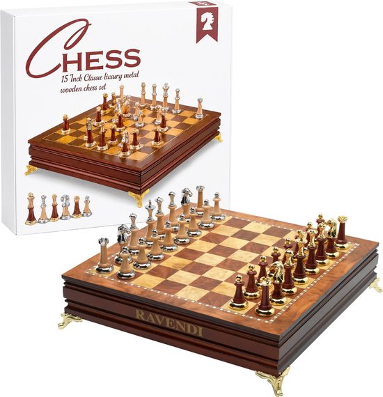 Ravendi Imperium – Luxe Houten Schaakset – Metalen Goud- en Zilverkleurige Schaakstukken – Handgemaakt Decoratief Schaakbord – 38x38 cm – Solid Wood Chess Set – Premium Schaken – Schaakspel – Met Luxe Opbergsysteem – Home Decor – Ideaal cadeau