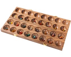 Mancala Walnoot Dubbel – Houten Strategiespel – Luxe Kalaha Bordspel – Klassiek Denkspel – 2 Spelers – Inclusief Edelstenen – Engelhart