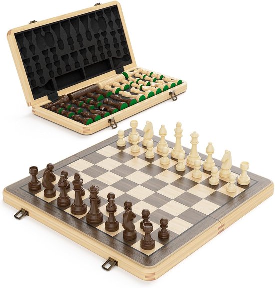 Schaakstenen - Zwart - 38 x 38 cm - Houten Schaak- en Damset - 2-in-1 Bordspel voor Gezinsgebruik