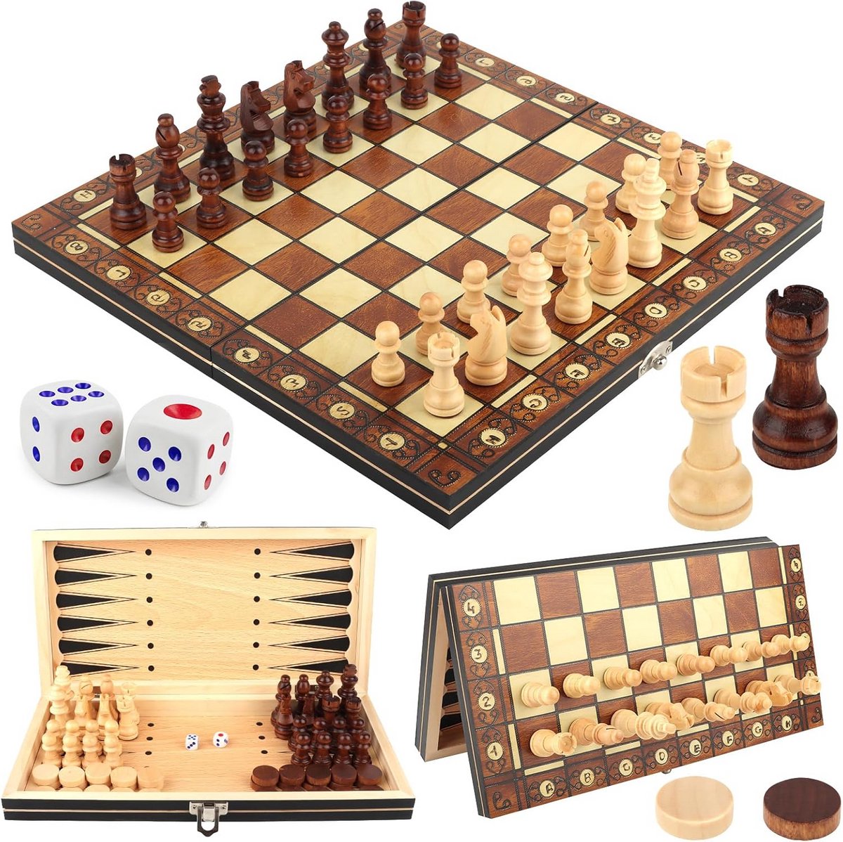Opvouwbaar schaakbord 29 cm Magnetisch houten schaakspel 3-in-1,